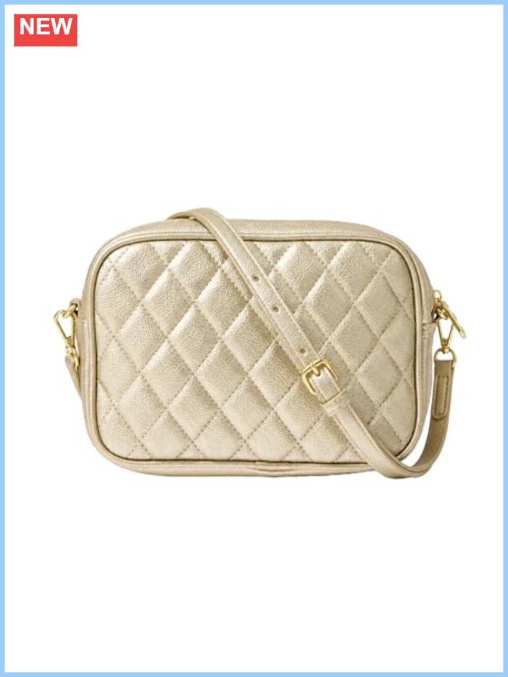 Quilted Vegan Leather Camera Crossbody Bag Adjustable Strap Gold Hardware